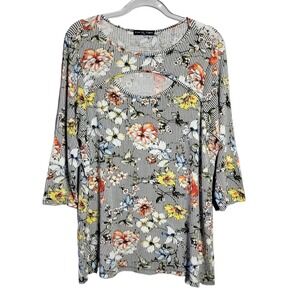 Kim & Cami Womens Plus Size 1X Striped Floral Cutout Keyhole Long Sleeve Top